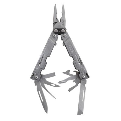 SOG PowerAccess Stonewashed Stainless Steel Folding Knife 18 Tool Multi Tool Pliers with Screwdrivers, Can Opener, Gripper, and Cutter, Silver