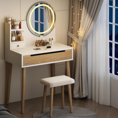 VIVOHOME Makeup Vanity Table Set With 3-Color Dimmable LED Mirror, 6 Shelves, 2 Drawers & Stool, Black