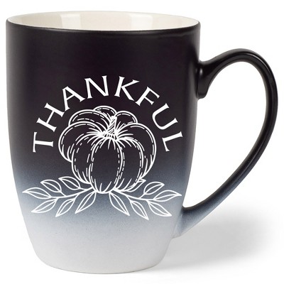 Elanze Designs Thankful Pumpkin Two Toned Ombre Matte Black and White 12 ounce Ceramic Stoneware Coffee Cup Mug