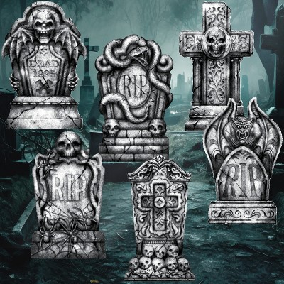 Joyfy 6 Pcs 15.7" Halloween Tombstones Outdoor Cemetery Decor, RIP Plastic Headstones Prop with 12 Metal Stakes for Yard Lawn Graveyard Decor