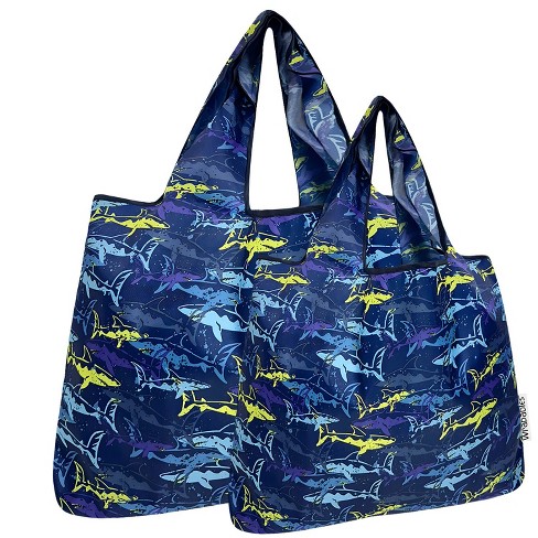 Wrapables Large & Small Foldable Nylon Reusable Shopping Bags (Set of 2), Neon Sharks - image 1 of 4