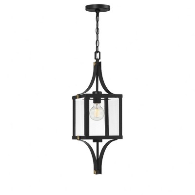 Raeburn Matte Black and Brass Outdoor Hanging Lantern with Clear Glass