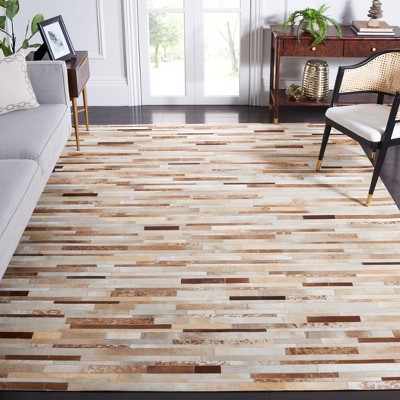 Ivory Geometric Hand-Stitched Cowhide 8' x 10' Area Rug