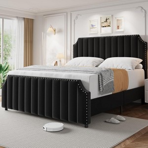 Velvet Platform Bed, 50.2" Headboard & Footboard with Nailhead Trim, Upholstered, Solid Wood Slats, Noise-Free, No Box Spring Needed - 1 of 4