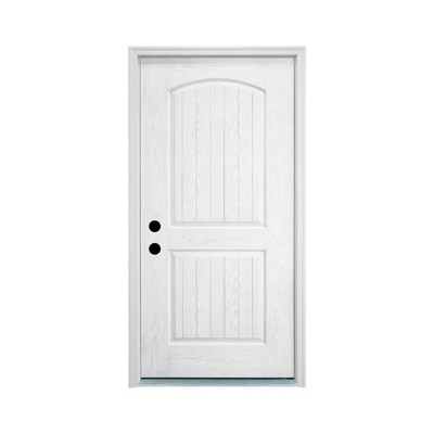 36 in. x 80 in.2-Panel Plank Arch Top Right Hand Inswing Primed Smooth Fiberglass Knock Down White Front Exterior Door with Door Jamb