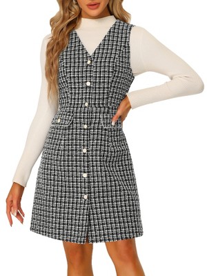 INSPIRE CHIC Women's V Neck Button Front Pockets Vintage Sleeveless Plaid Tweed Pinafore Dress