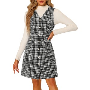 INSPIRE CHIC Women's V Neck Button Front Pockets Vintage Sleeveless Plaid Tweed Pinafore Dress - 1 of 4