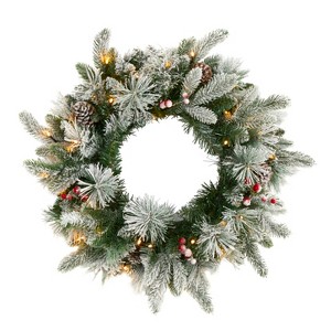 Nearly Natural 20-in Flocked Mixed Pine Artificial Christmas Wreath with 50 LED Lights, Pine Cones and Berries - 1 of 4
