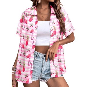 Nlife Women's Hawaiian Tropical Beach Blouses Floral Print Button Up Tee Shirts Summer Casual Tops - 1 of 4