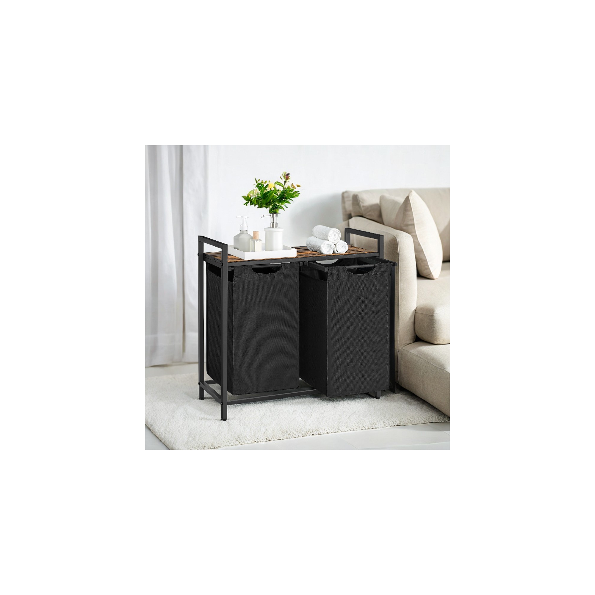Laundry Hamper Organizer Laundry Basket Laundry Sorter with 2 Pull-Out and Removable Bags 2 x 12.1 Gallons, 28.8 x 13 x 28.4 Inches Black