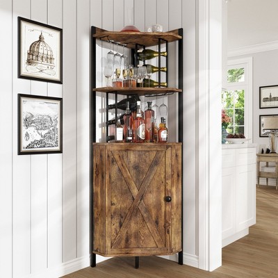 Vividwood 63" Corner Bar Cabinet with Wine Rack – 5-Tier Farmhouse Liquor Cabinet with Barn Door Adjustable Shelves Brown