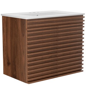 APRILSOUL Bathroom Vanity, Mid-Century Wall Mounted Floating Cabinet with 2 Closing Doors, Wood Grain Texture, Walnut - 1 of 4