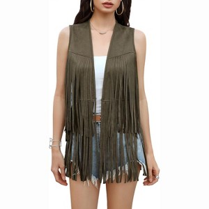 Acekool Women's 70s Fringe Vest - Retro Faux Suede Sleeveless Jacket with Bohemian Tassels, Western & Hippie Style - 1 of 4
