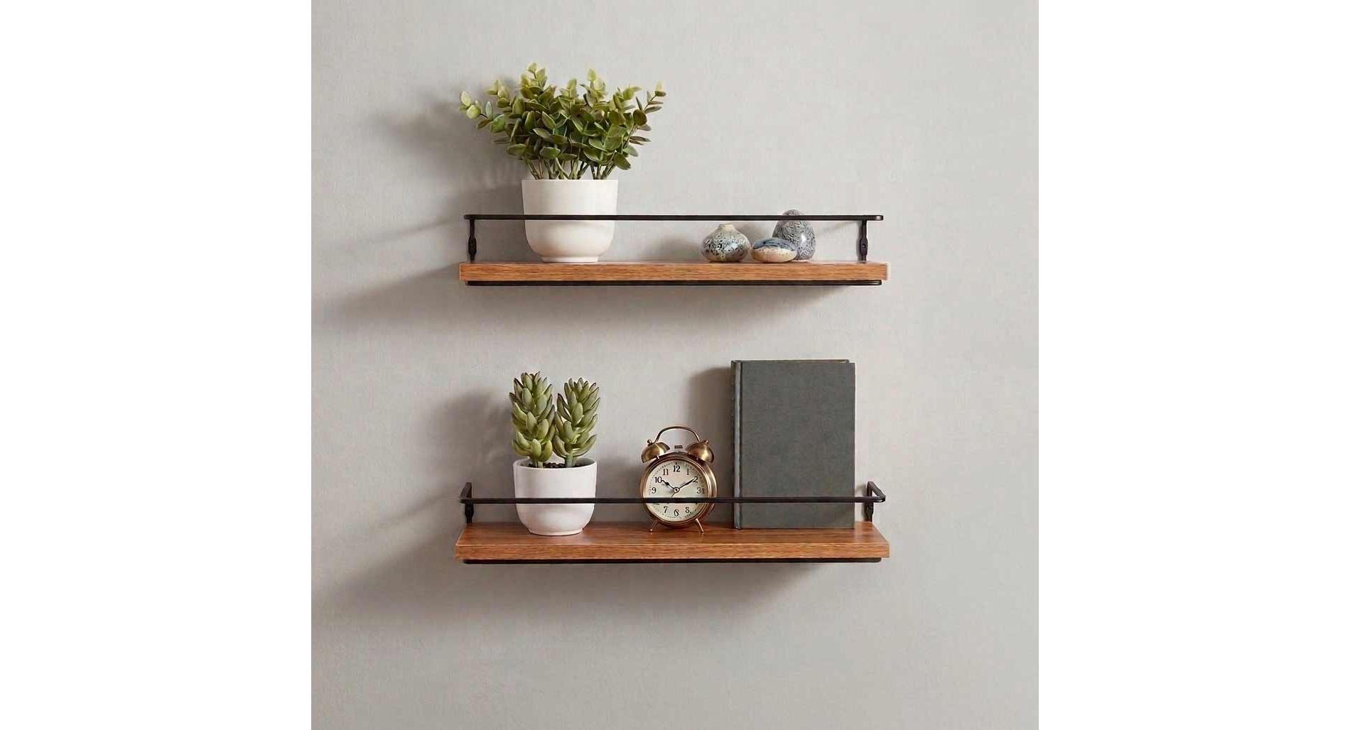 The Lakeside Collection Floating Wall Mounted Wood Shelves with Metal Bar - Set of 2 -