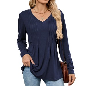 Coolmee Women's V Tops Long Sleeve Shirts Casual Fall Winter Tunics Pleated Fashion Shirts - 1 of 4