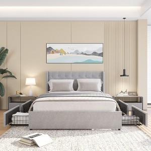 NicBex Full/Queen Upholstered Bed Frame with 4 Drawers,Wingback Headboard with Button Tufted Design,No Box Spring Needed,Easy Assembly,Light/Dark Gray - 1 of 4