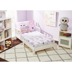 Everyday Kids 3-Piece Toddler Fitted Sheet, Flat Sheet and Pillowcase Set - Owls - Soft Breathable 100% Cotton Percale Girls Toddler Bed Sheets Set - 1 of 4