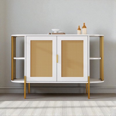 2-Door Curved Sideboard Buffet Cabinet with Gold Trim and Woven Rattan Doors, Storage Cabinet with Adjustable Shelf and Open Display Shelves
