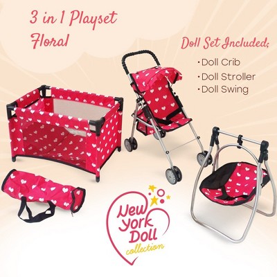 Pink Hearts 3-in-1 Baby Doll Furniture Set with Stroller, Crib, and Swing