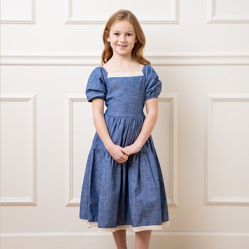 Hope & Henry Girls' Short Bubble Sleeve Crochet Trim Chambray Dress, Toddler, 5 of 11