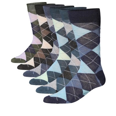 JAMES FIALLO Mens 6-Pairs Timeless Argyle Colorful Patterned Crew Dress Socks