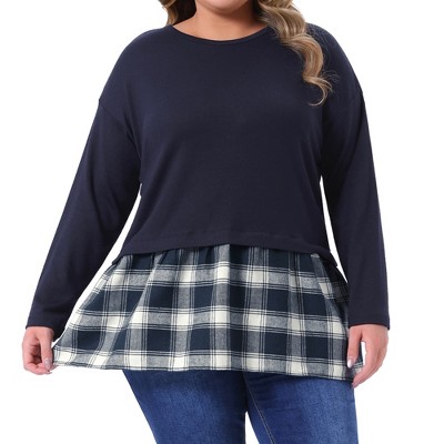 Agnes Orinda Women's Plus Size Patchwork Plaid Contrast Hem Crew Neck Long Sleeve Casual Fall Peplum Blouse