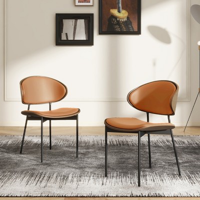 POVISON Modern Curved Back Leather Dining Chairs Set of 2, Orange & Walnut Side Chairs, Fully Assembled