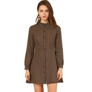 Allegra K Women's Vintage Check Plaid Ruffle Neck Button Down Long Sleeve A-Line Dress - 1 of 4