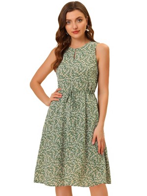 Allegra K Women's Floral Split Neck Drawstring Waist Sleeveless A-Line Summer Midi Dress