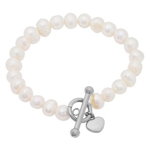 Steeltime Ladies freshewater pearl and stainless steel heart charm stretch bracelet. Color Options: Silver, Gold - 1 of 4