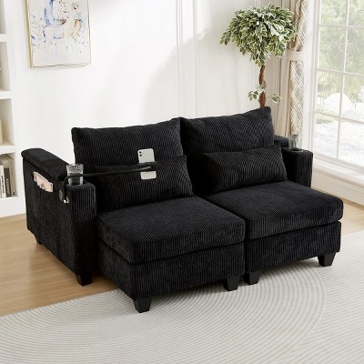 63" Convertible Corduroy Sleeper Loveseat Sofa with USB Ports,Cup Holders,Storage Armrests and Pillows–Maison Boucle