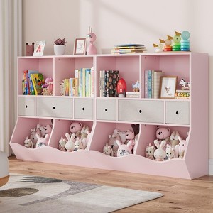 Kids Bookcase with Toy Storage - 4-Cubby Wooden Bookshelf with 3 Drawers & Slanted Toy Bins for Nursery, Playroom (Pink) - 1 of 4