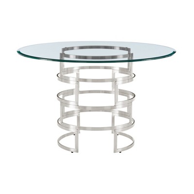 HomeRoots 48" Clear And Silver Glass And Stainless Steel Pedestal Base Round Top Dining Table