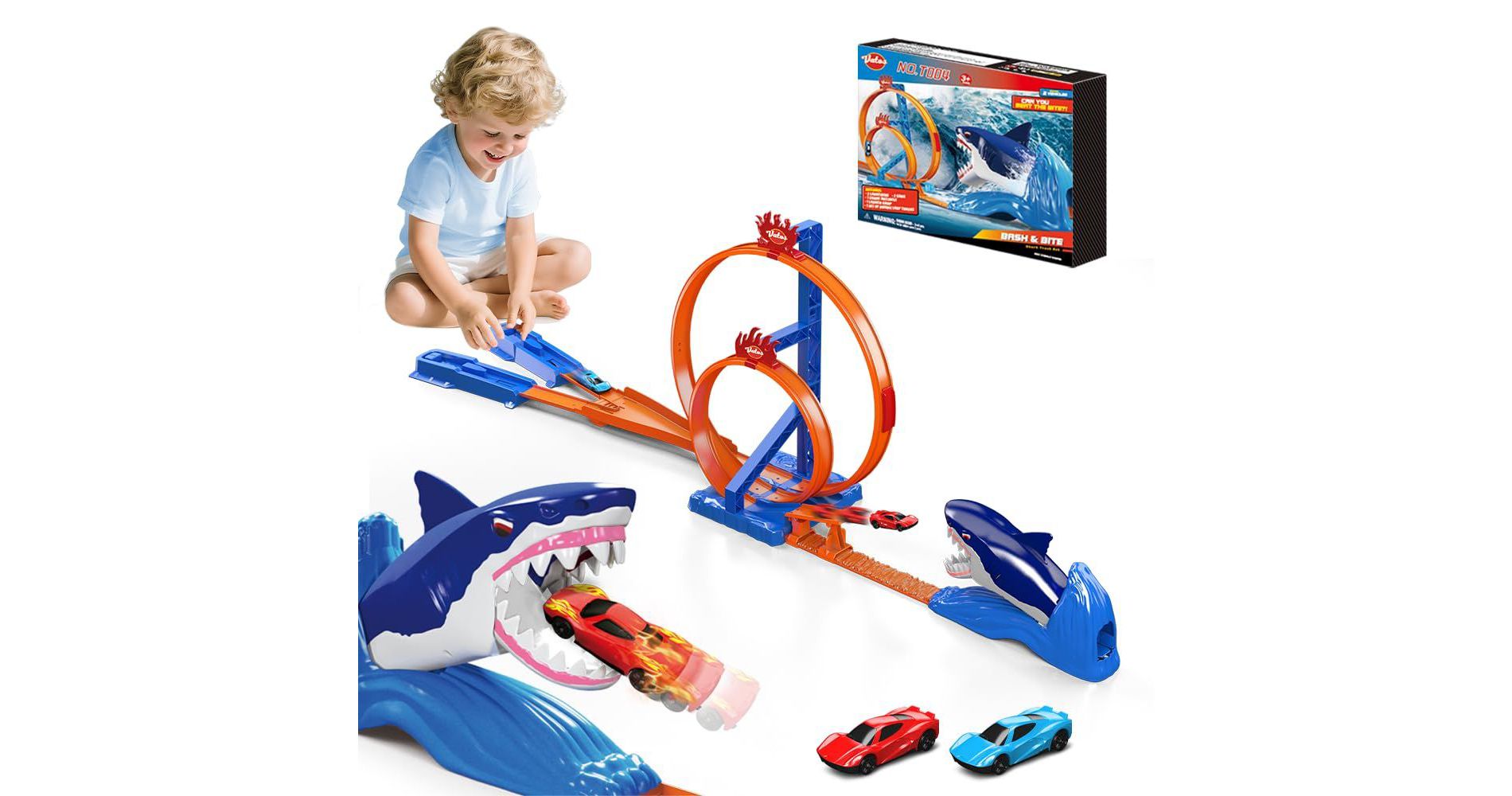 VATOS Shark Toy Car Race Track Set Jumping Racing Game Tracks Gift for Kids Boys Girls Ages 3-12