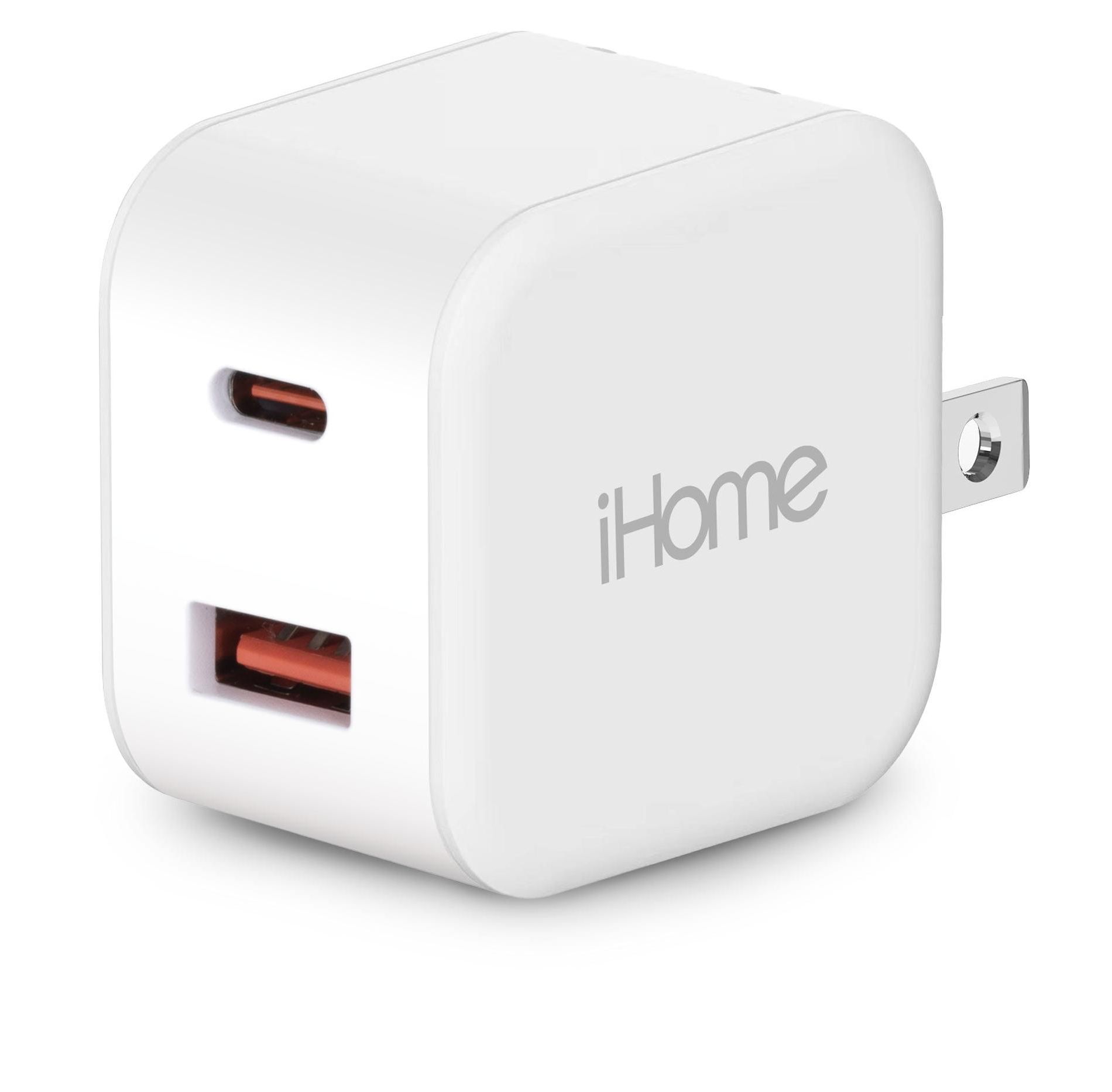 iHome 20W Dual Port Wall Charger, USB-C & USB-A, Fast Charging, Foldable Plug, Universal, Compact for Travel