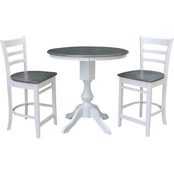 International Concepts 36" Round Pedestal Table with 2 Emily Counter Height Stools-3 Piece Dining Set, White/Heather Gray
