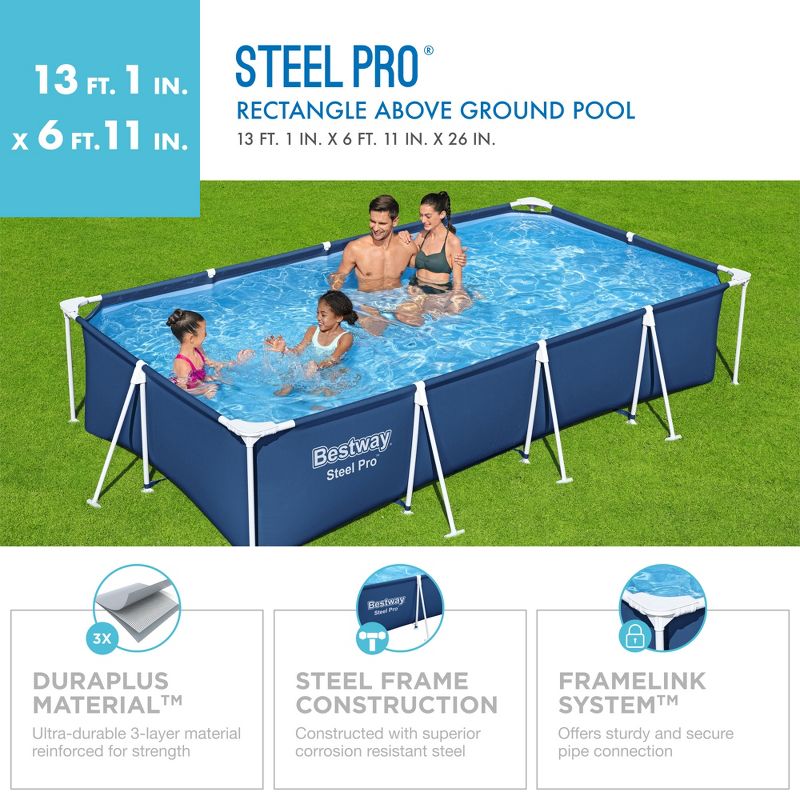 Bestway Steel Pro 13 Feet x 7 Feet x 32 Inch Rectangular Metal Frame Above Ground Outdoor Backyard Swimming Pool, Blue (Pool Only), 4 of 9