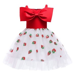 MyKids-USA Baby Girl Strawberry Sequins Pattern Bow Tie Design Sling Tutu Formal Dress - 1 of 4