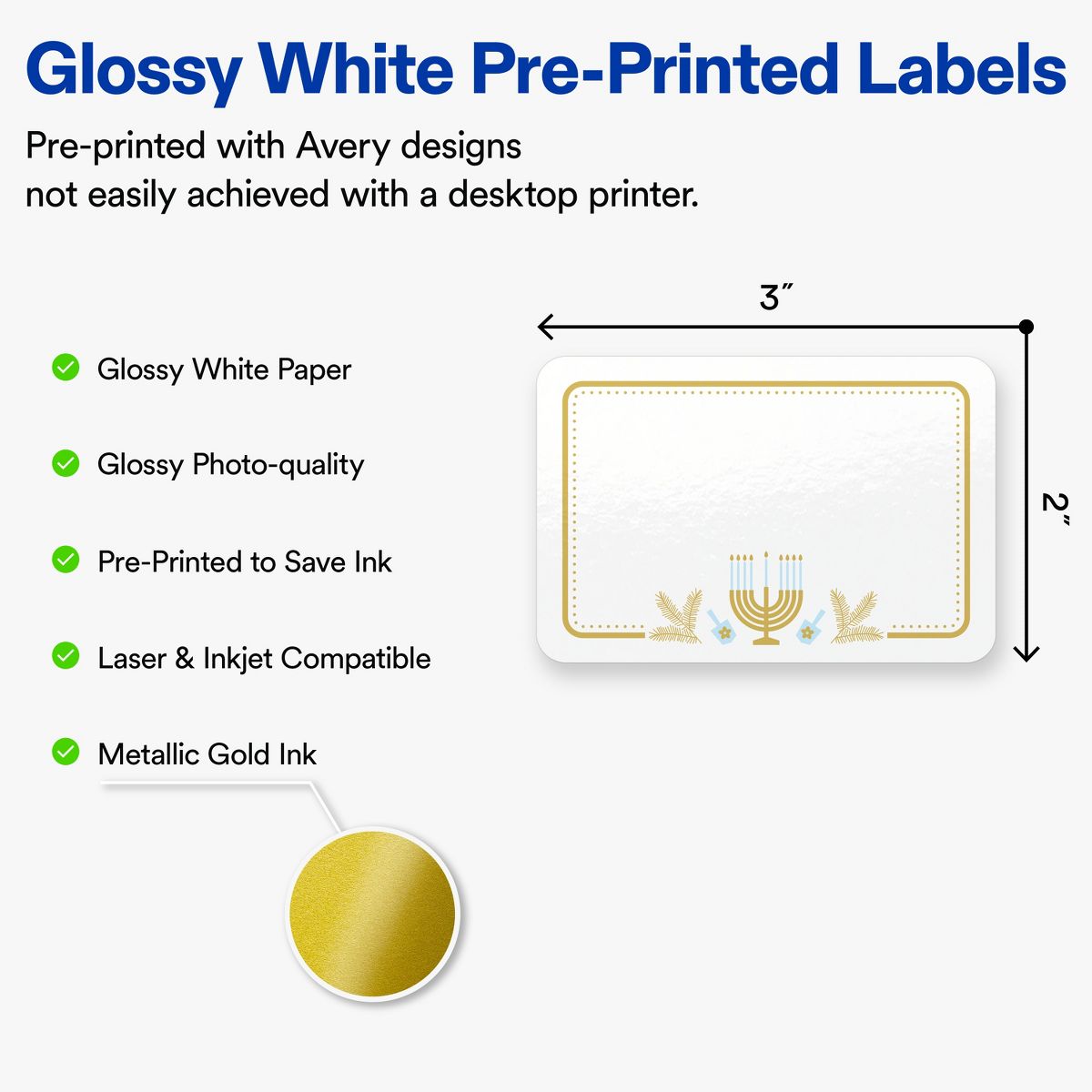 Avery® Labels, 2" x 3", Glossy, Gold Menorah Frame, 160 - thumbnail 2