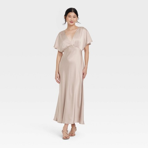 Женские платья A New Day Women's Satin Flutter Short Sleeve Maxi A-Line Dress - A New Day™ Tan M: Deep V Neck, Back Tie, Woven Fabric