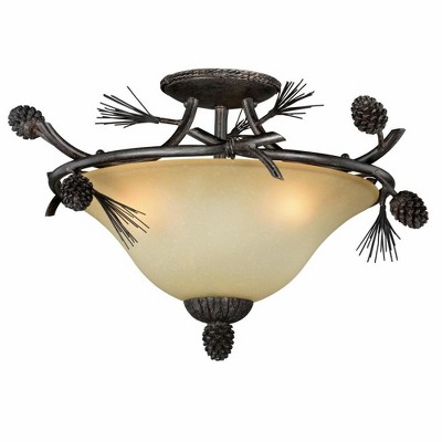 Sierra Rustic 18" Matte Black and Bronze Ceiling Light with Frosted Glass