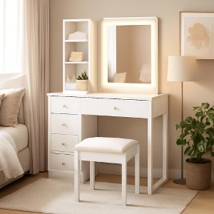 Homy Casa Vanity Table Set with Lighted Mirror and Storage Drawers for Bedroom or Dressing Room, White - 1 of 4