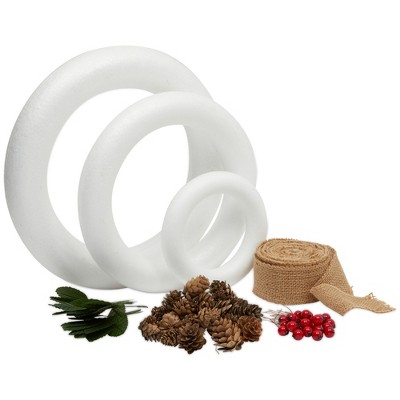 Bright Creations 76 Pieces Craft Foam DIY Wreath Forms, Berries, Pinecones, Leaves, Burlap Ribbon, 3 Sizes