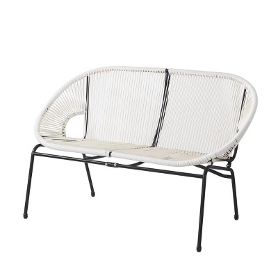 Outdoor Patio Rattan Loveseat,Polyethylene Rattan Woven Basket Loveseat,Garden Hammock Weave Design Benches With Metal Frame-Coolbibila