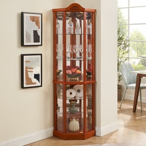 FURNIinspire Corner Cabinet Corner Display Curio Cabinet, Carved Glass Display with Bar Cabinet&Adjustable Glass Shelves, Oak, 16.73"*71.93"*16.73" - 1 of 4