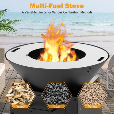 Black Galvanized Metal Outdoor Fire Pit with Grill and Log Rack