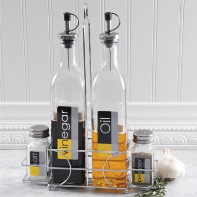 Clear Glass and Stainless Steel 4-Piece Condiment Set with Wire Caddy
