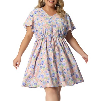 Agnes Orinda Women's Plus Size Floral Drawstring Waist V Neck Ruffle Sleeve A Line Dresses