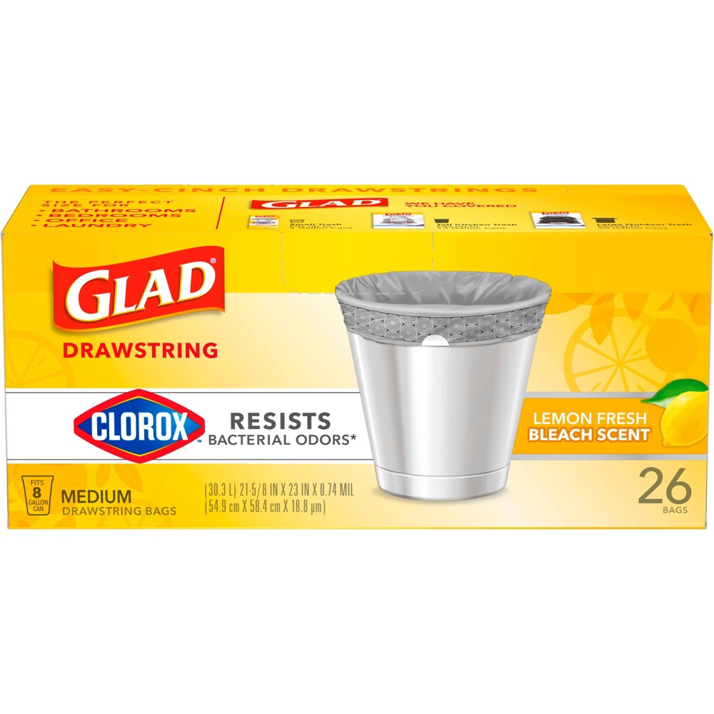 Glad Drawstring Medium Trash Bags - Lemon Fresh Bleach - 8 Gallon - 26ct 