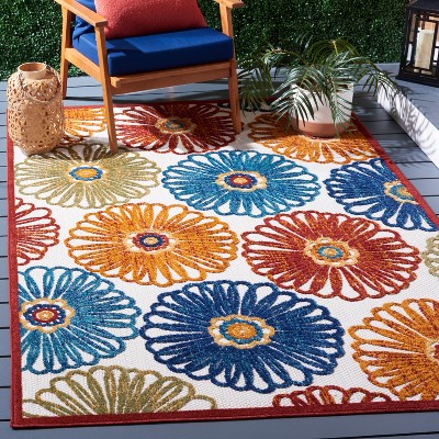 Cream and Red Floral Synthetic Indoor/Outdoor Area Rug
